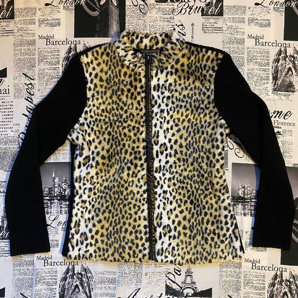 Selene Sport Womens Jacket vintage 90s leopard print faux fur y2k mobwife trashy